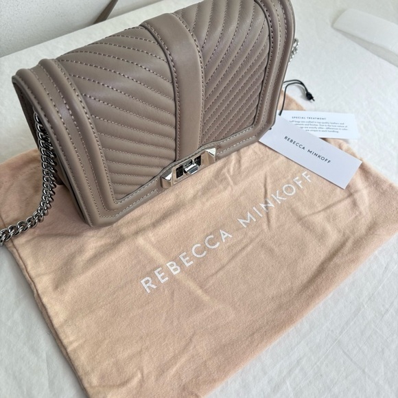 REBECCA MINKOFF Chevron Quilted Small Love Crossbody Leather Bag Taupe Sandrift - Picture 17 of 17